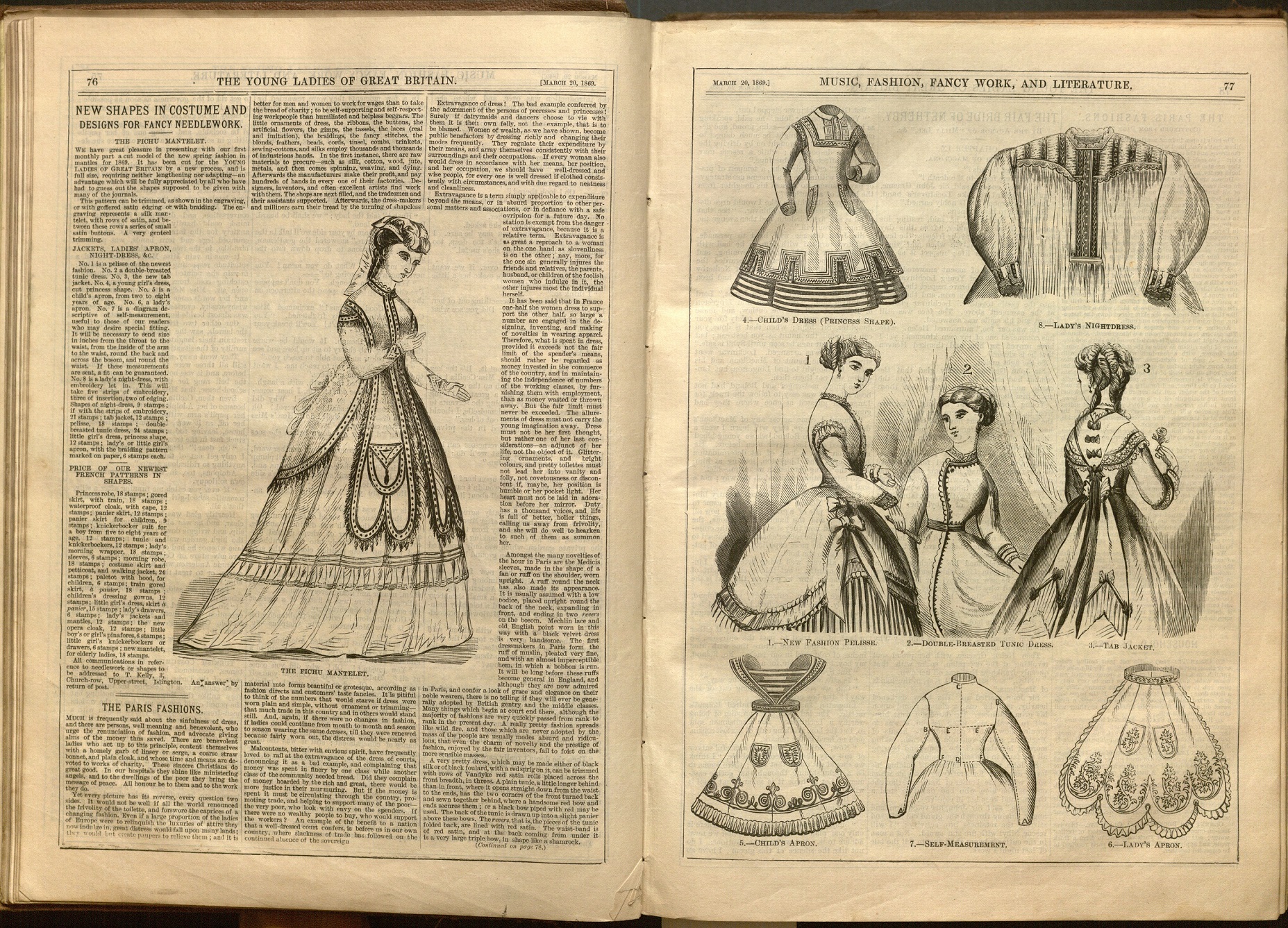 Opening from Young Ladies of Great Britain, featuring New Shapes in Costume and Designs for Fancy Needlework