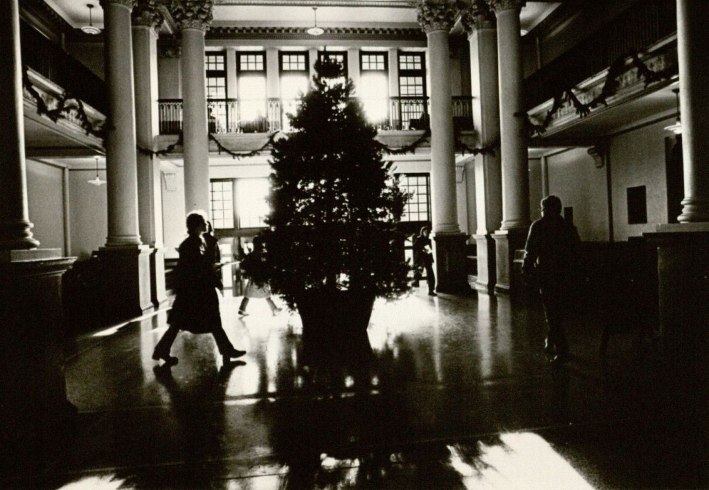 Photograph of a Christmas tree in Strong Hall, 1980
