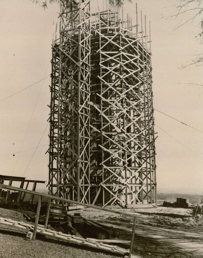 Photograph of the campanile under construction, 1950