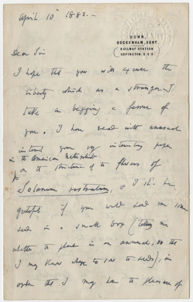 Image of the first page of a letter, Charles Darwin to James E. Todd, 1882