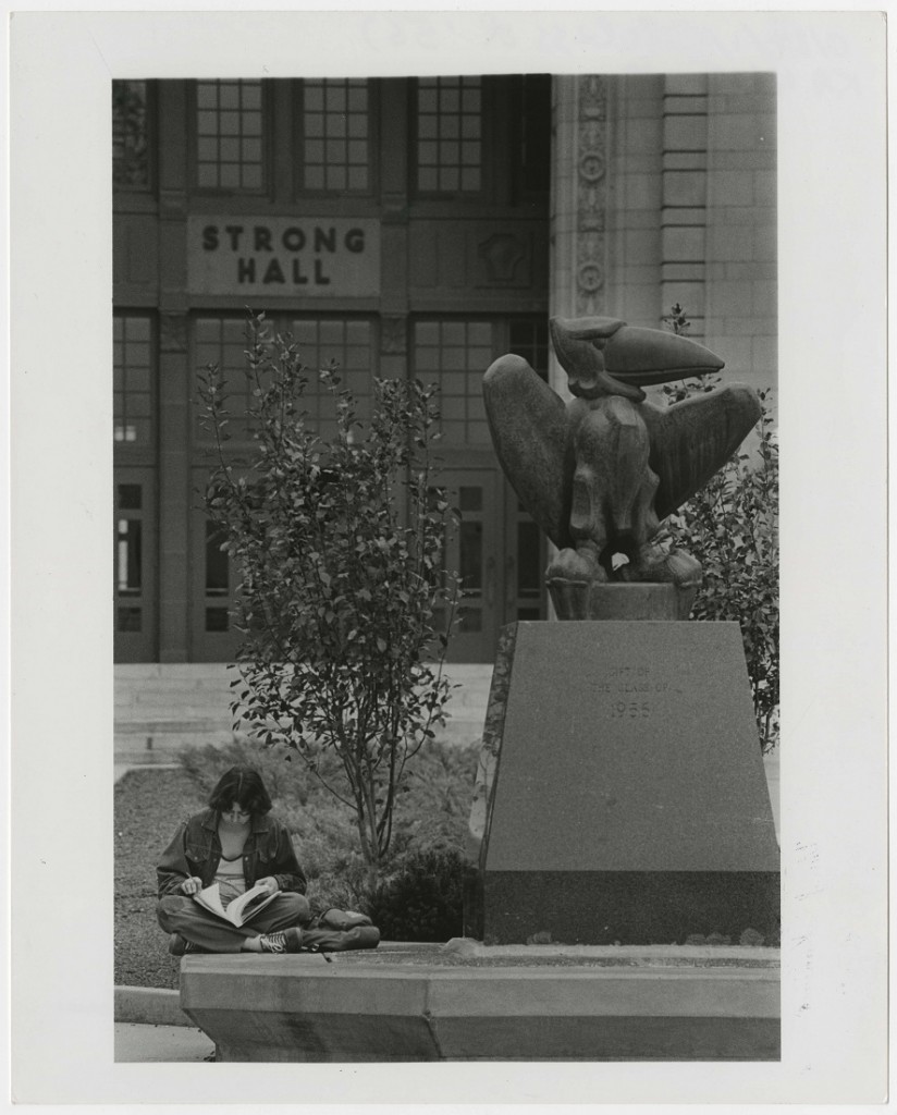 Photograph of "Academic Jay" in front of Strong Hall, 1978