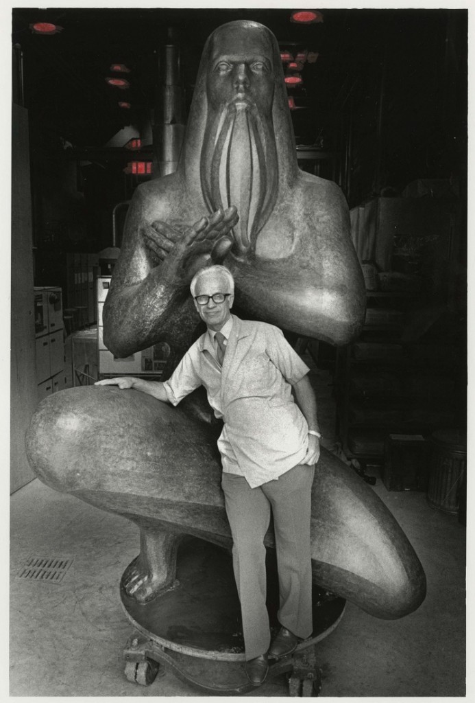 Photograph of Elden Tefft with his sculpture of Moses, early 1980s