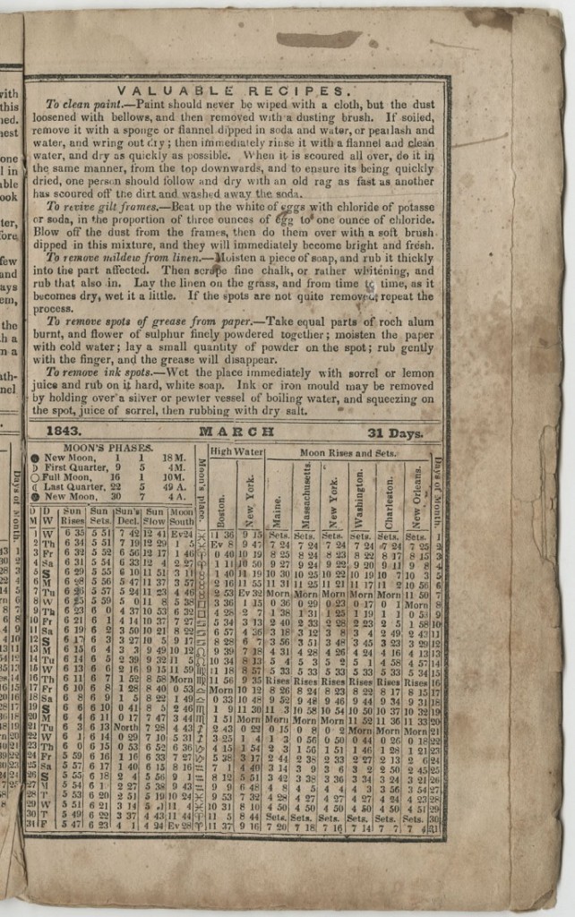 Image of Fisher's Crockett Almanac, March calendar, 1843