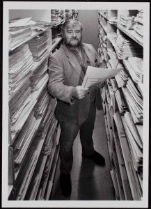 Laird Wilcox in Wilcox Collection stacks, University of Kansas Libraries