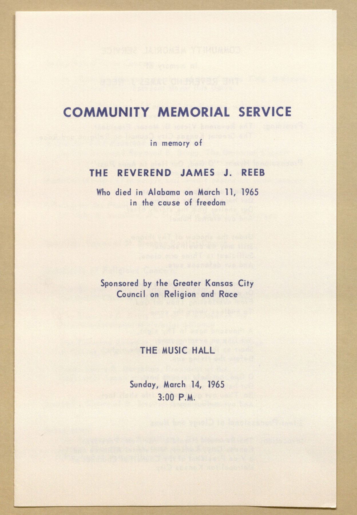 Second Reeb Memorial Program, March 14, 1965.