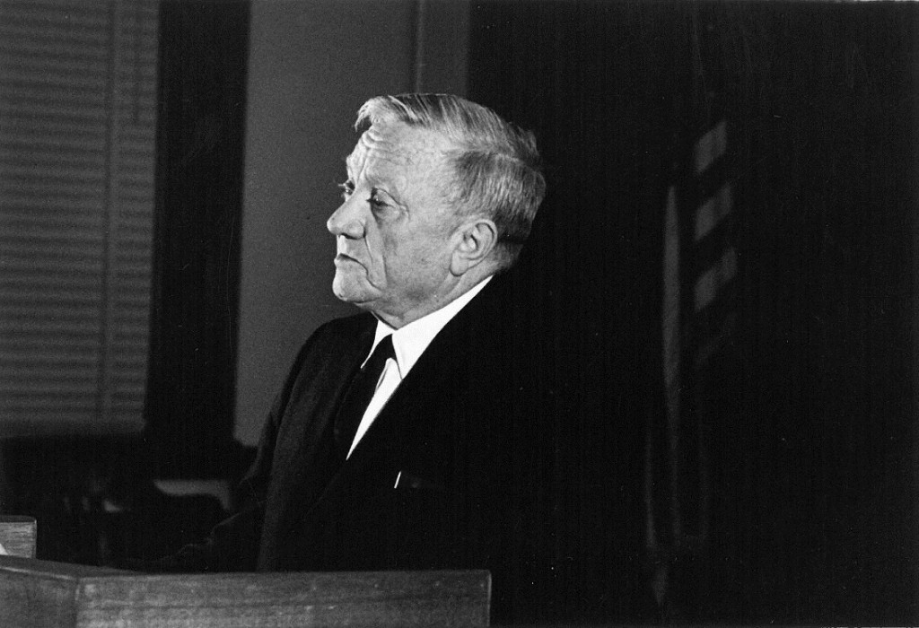 Photograph of Justice William O. Douglas speaking to the crowd inside Hoch Auditorium, 1965 February 24