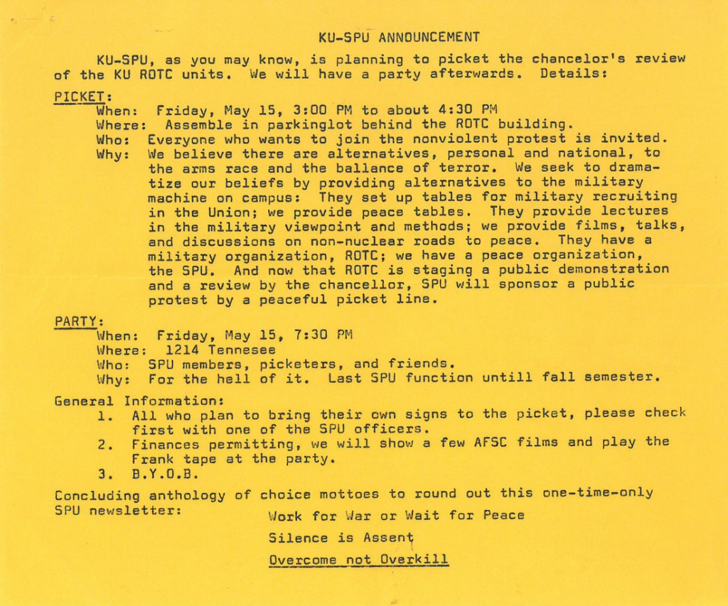 Image of a flyer outlining the Student Peace Union's agenda and itinerary for the ROTC Review, undated 
