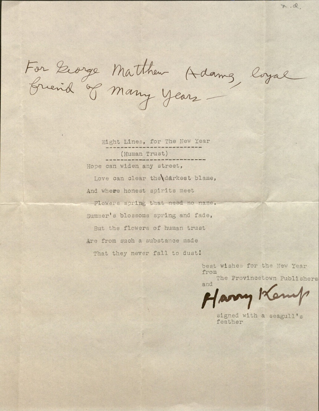 Typescript poem ("Eight Lines, for the New Year") by Harry Kemp, with manuscript inscription.