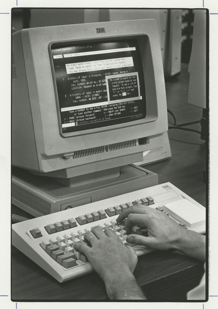 Photograph of an early KU Libraries electronic public catalog, 1987-1988