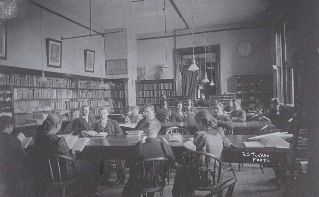 Photograph of students studying in the library in Old Fraser Hall, 1886