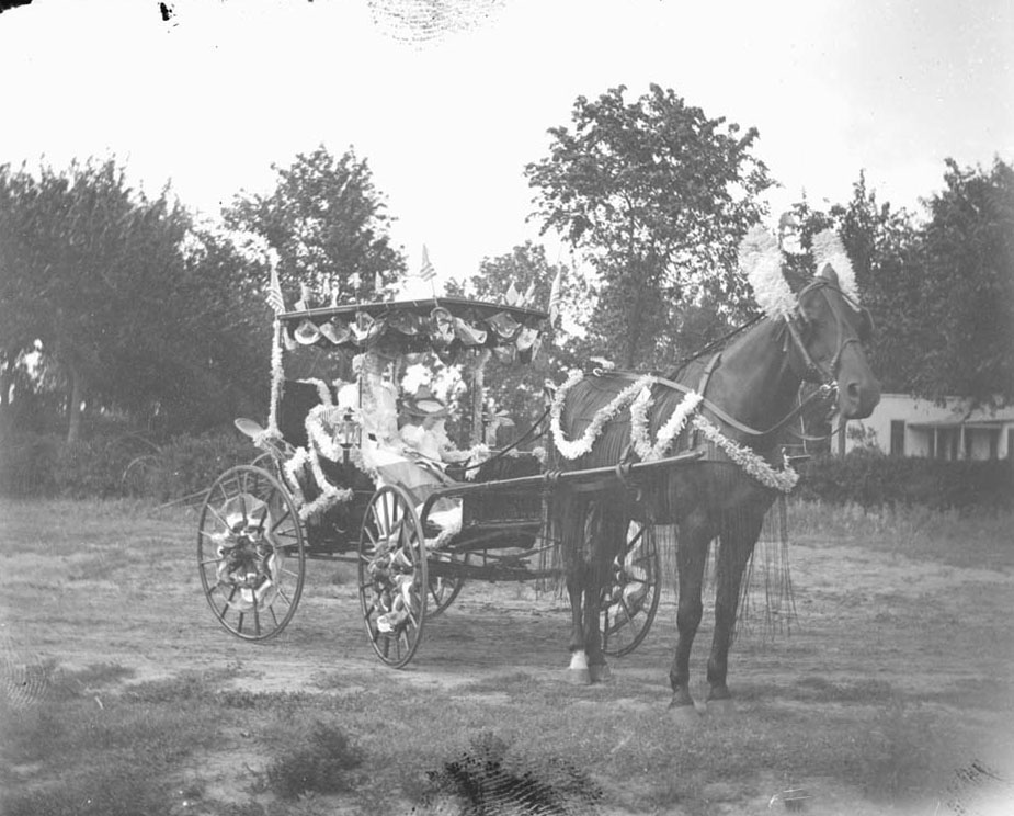 Photograph of a buggy decorated for the Fourth of July, 1898