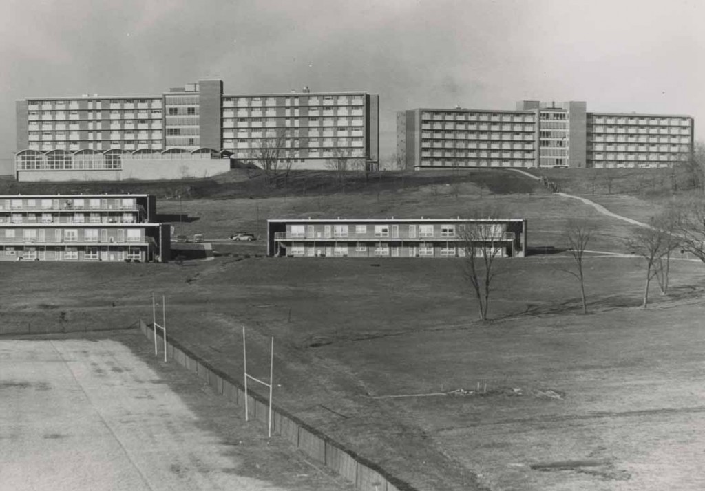Photograph of Daisy Hill residence halls behind Stouffer Place, 1950s