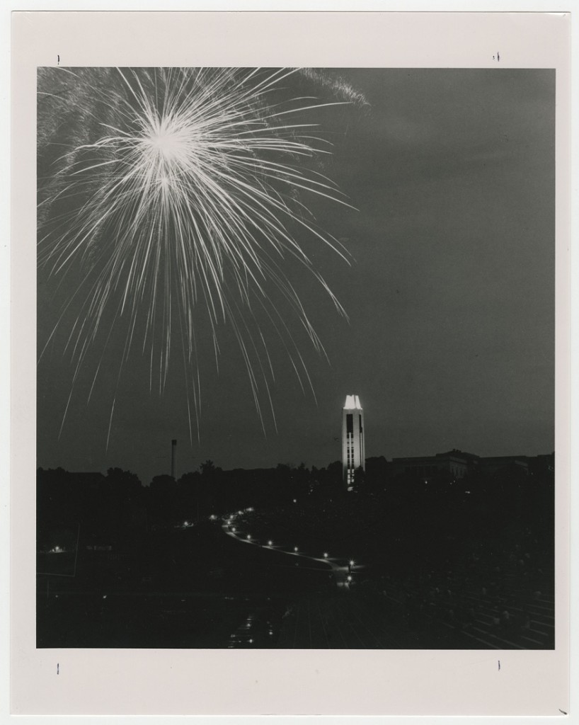 Photograph of fireworks over the Campanile, 1981