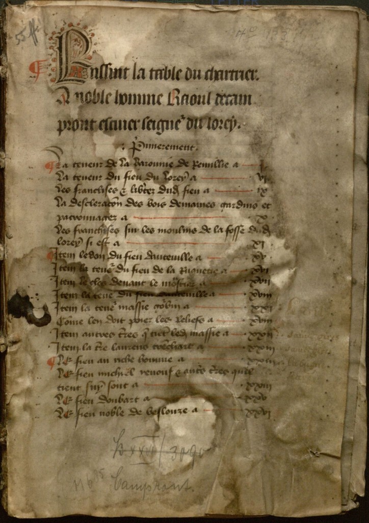 Image of the first page of the Campront (de) family papers, La Manche, 1268-1438