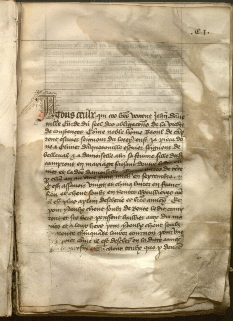 Image of a selected page from the Campront (de) family papers, La Manche, 1268-1438