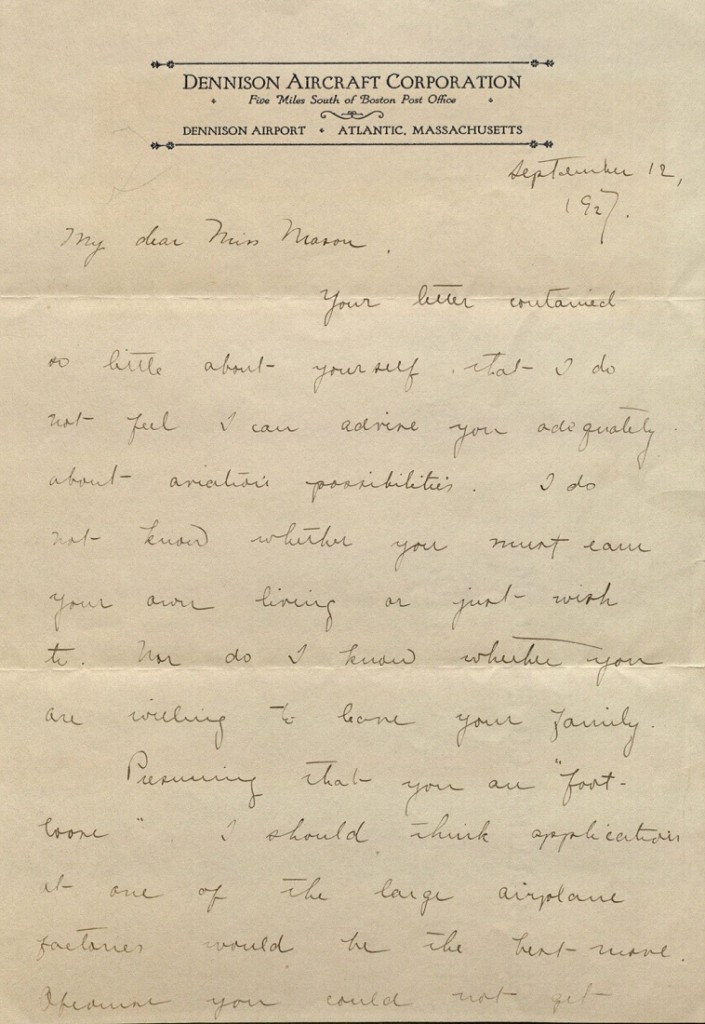 Image of Amelia Earhart letter to Helen Mason, page 1, 1927