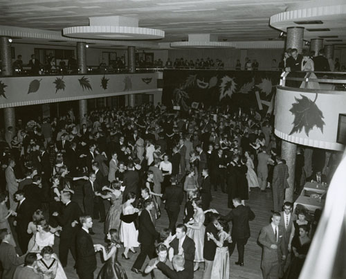 Photograph of the Homecoming dance in Kansas Union Ballroom, 1956