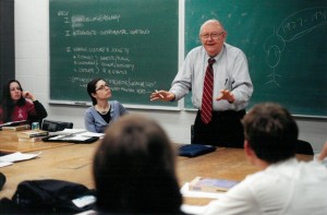 Throughout his tenure Chancellor Hemenway taught English and American Studies courses. Here he is shown as a guest speaker in “Feminist Theory in Anthropology.” Photograph by KU University Relations. University Archives Photos. Call Number: RG 2/19 2001 Prints: Chancellors: Hemenway (Photos).