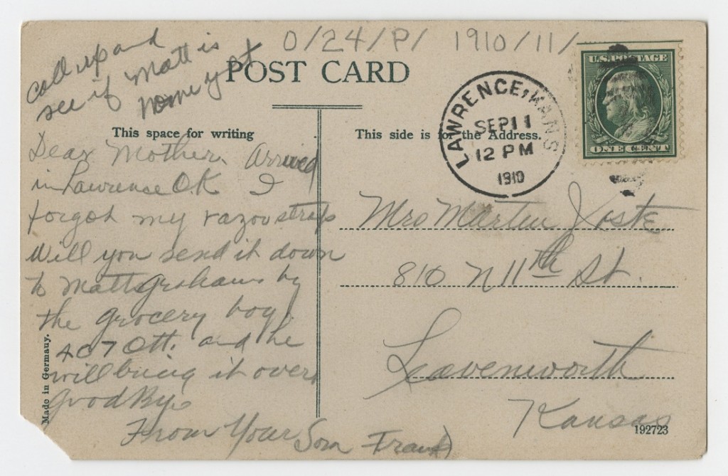 Postcard back, North Entrance, Kansas State University, 1910