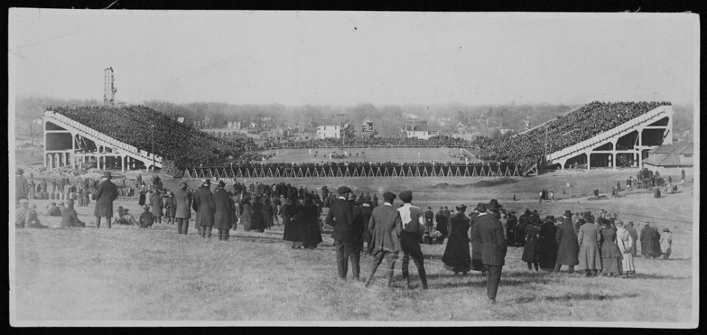 Photograph of Memorial Stadium during a football game against University of Missouri, 1921