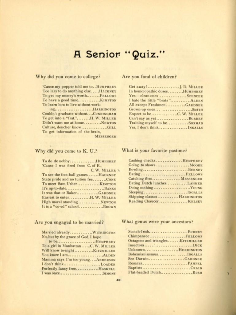 Image of KU yearbook, Annus Mirabilis, senior quiz, page 1, 1895