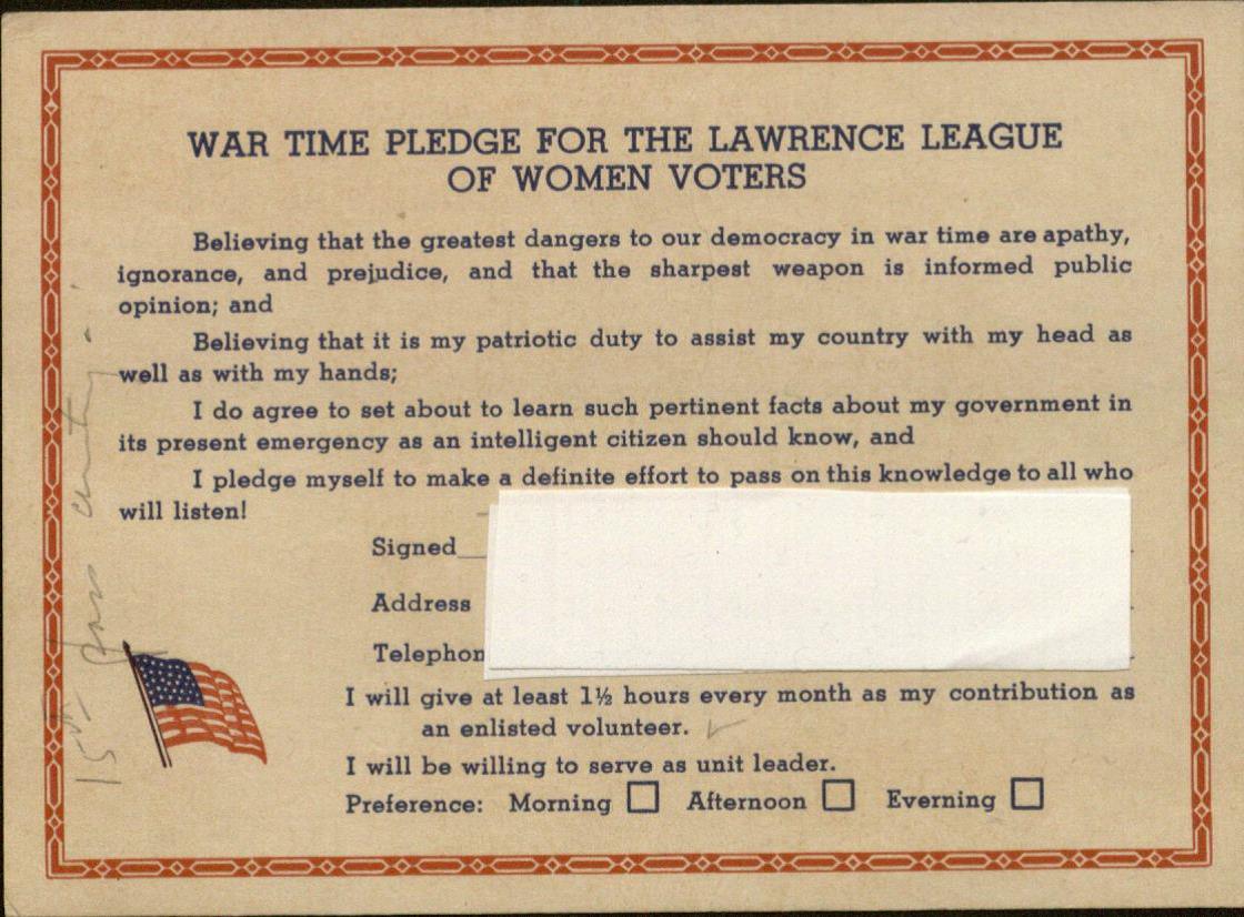 War Time Pledge Card for the League of Women Voters of Lawrence, Kansas