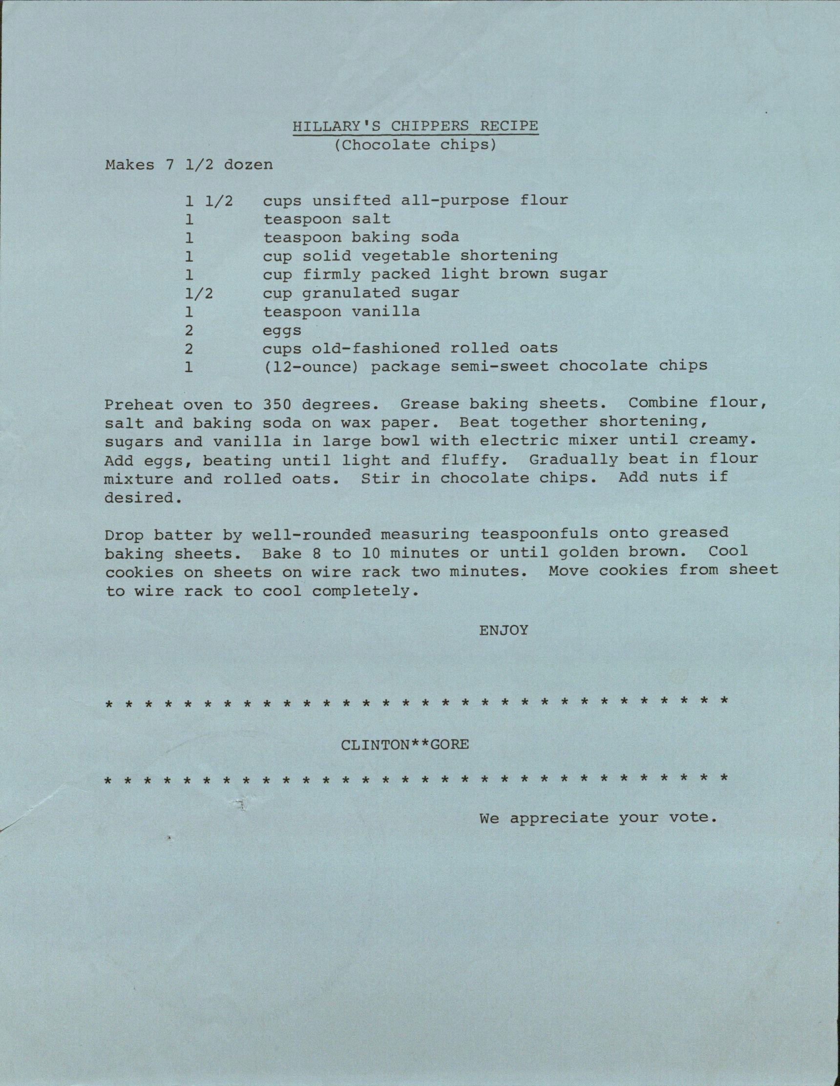 Hillary Clinton's Chippers Recipe and note of appreciation for Bruce McKinney's vote for Clinton and Gore