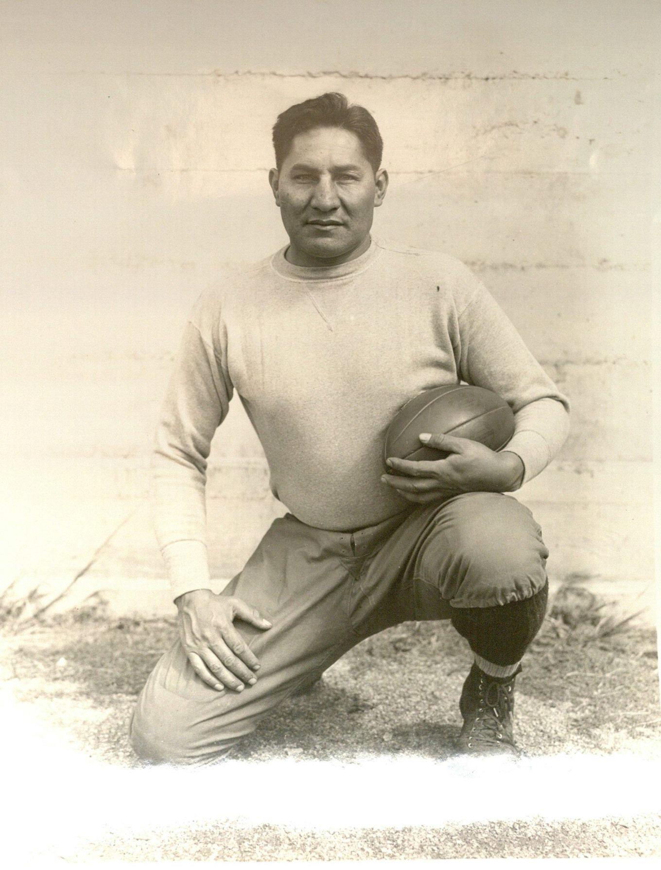 Photograph of Haskell football player John Levi and accompanying document describing his actions in a game against the Quantico Marines.