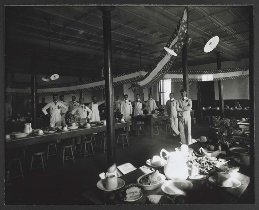 Photograph of 20th Battery Dining Hall prepared for Thanksgiving meal, Fort Riley, Kansas, 1904