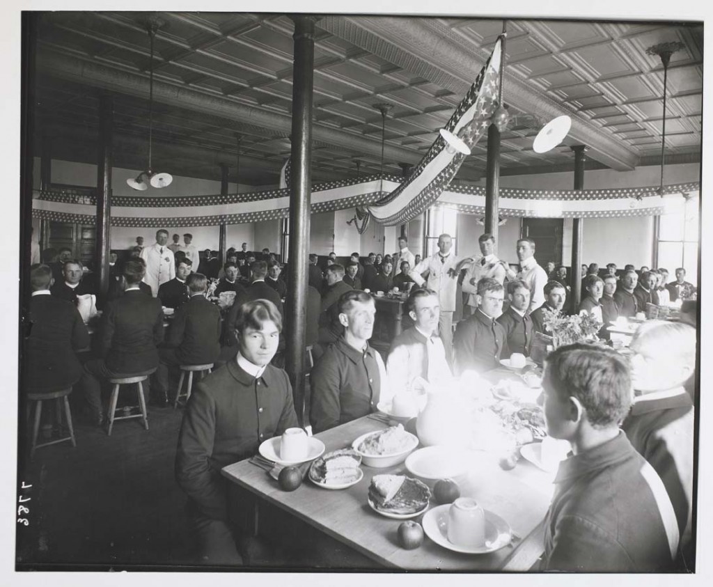Photograph of soldiers in the 20th Battery Dining Hall for Thanksgiving meal, Fort Riley, Kansas, 1904