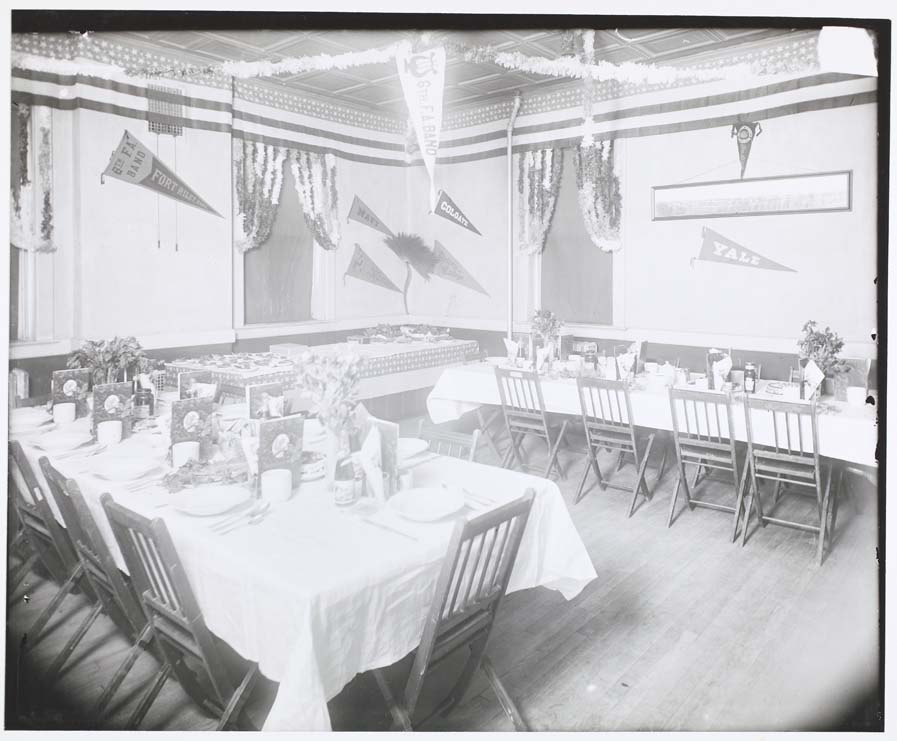 Photograph of the 6th Band dining room set for Thanksgiving dinner, Fort Riley, Kansas, 1913
