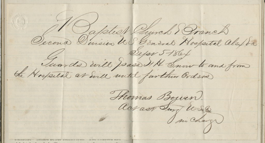 Image of a travel pass included in Francis Snow's journal, 1864