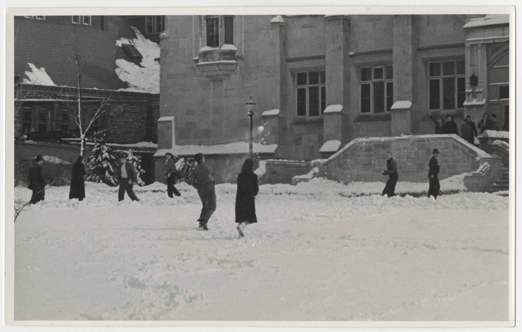 Photograph of students having a snowball fight, 1940s