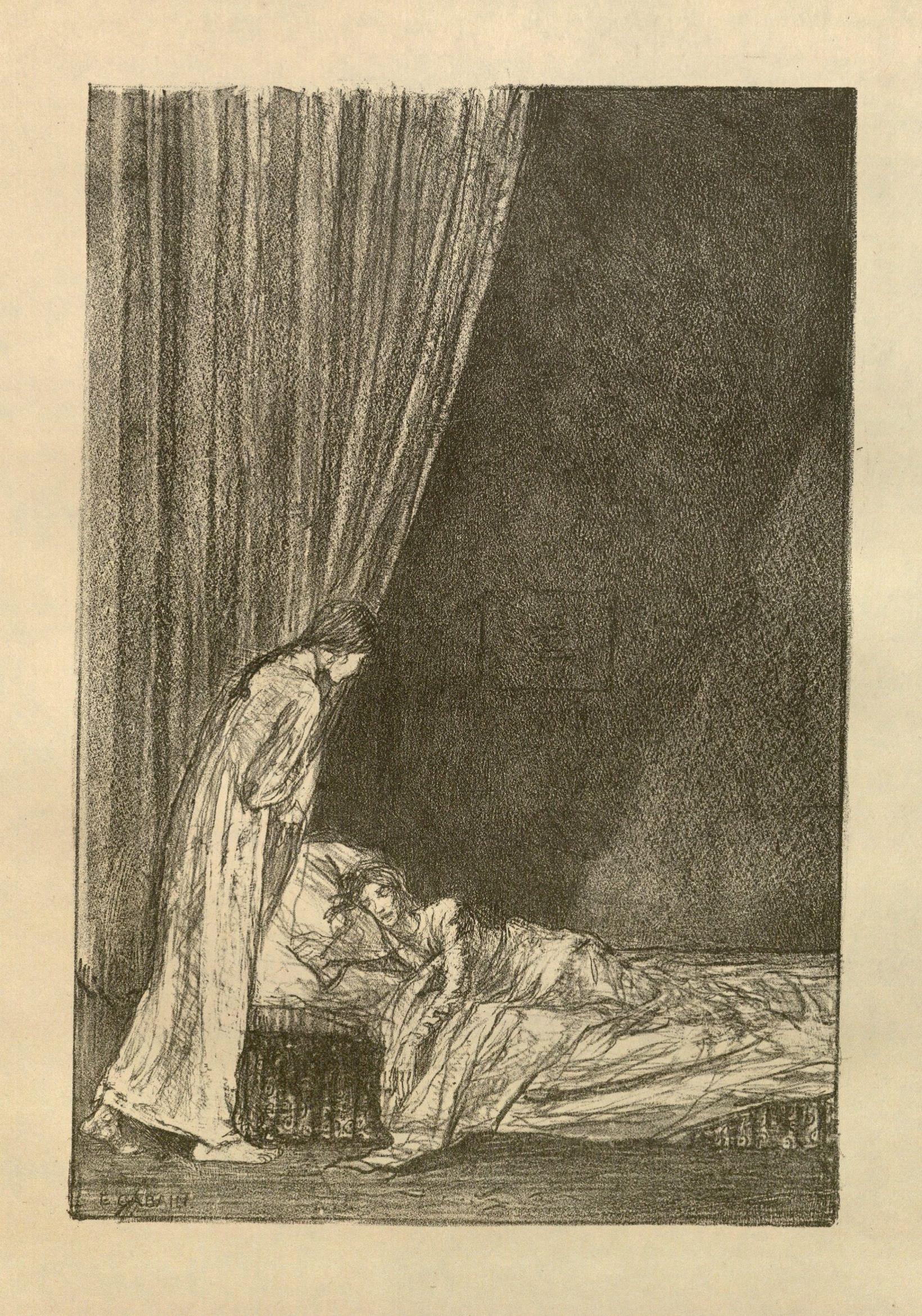 Lithograph by Ethel Gabain from Imprimerie Nationale’s 1923 edition of Jane Eyre. This illustration depicts Jane Eyre at the puritanical Lowood School visiting her dying friend, Helen Burns. 