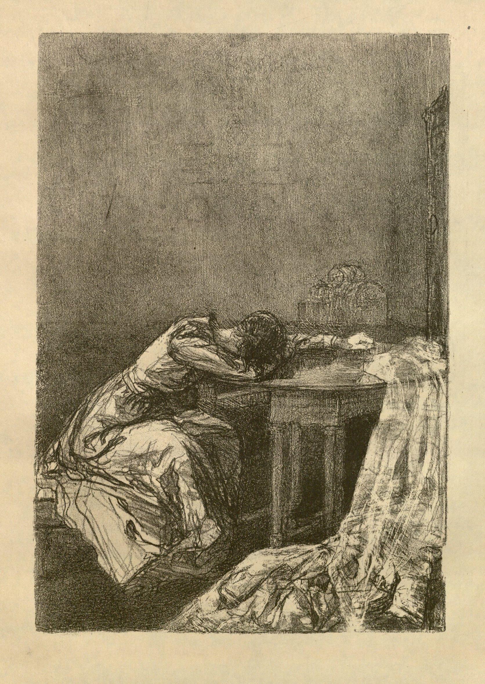 Lithograph by Ethel Gabain from Imprimerie Nationale’s 1923 edition of Jane Eyre. This illustration depicts Jane weeping over her wedding dress after discovering that her groom, Mr. Rochester, was already married. 