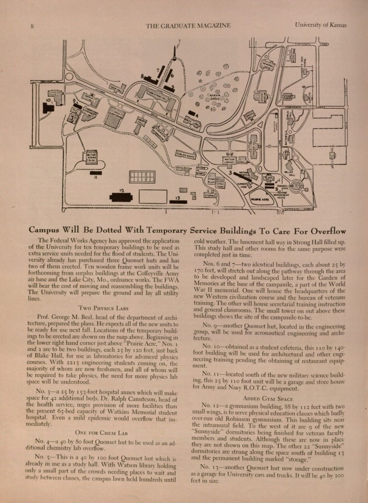 Image of a Graduate Magazine article about KU temporary service buildings, 1946