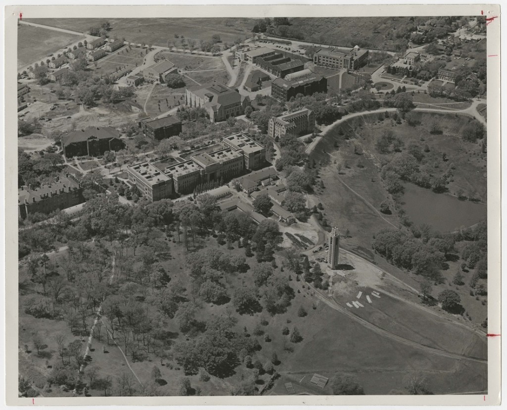 Aerial view of campus looking southwest from Marvin Grove, 1952