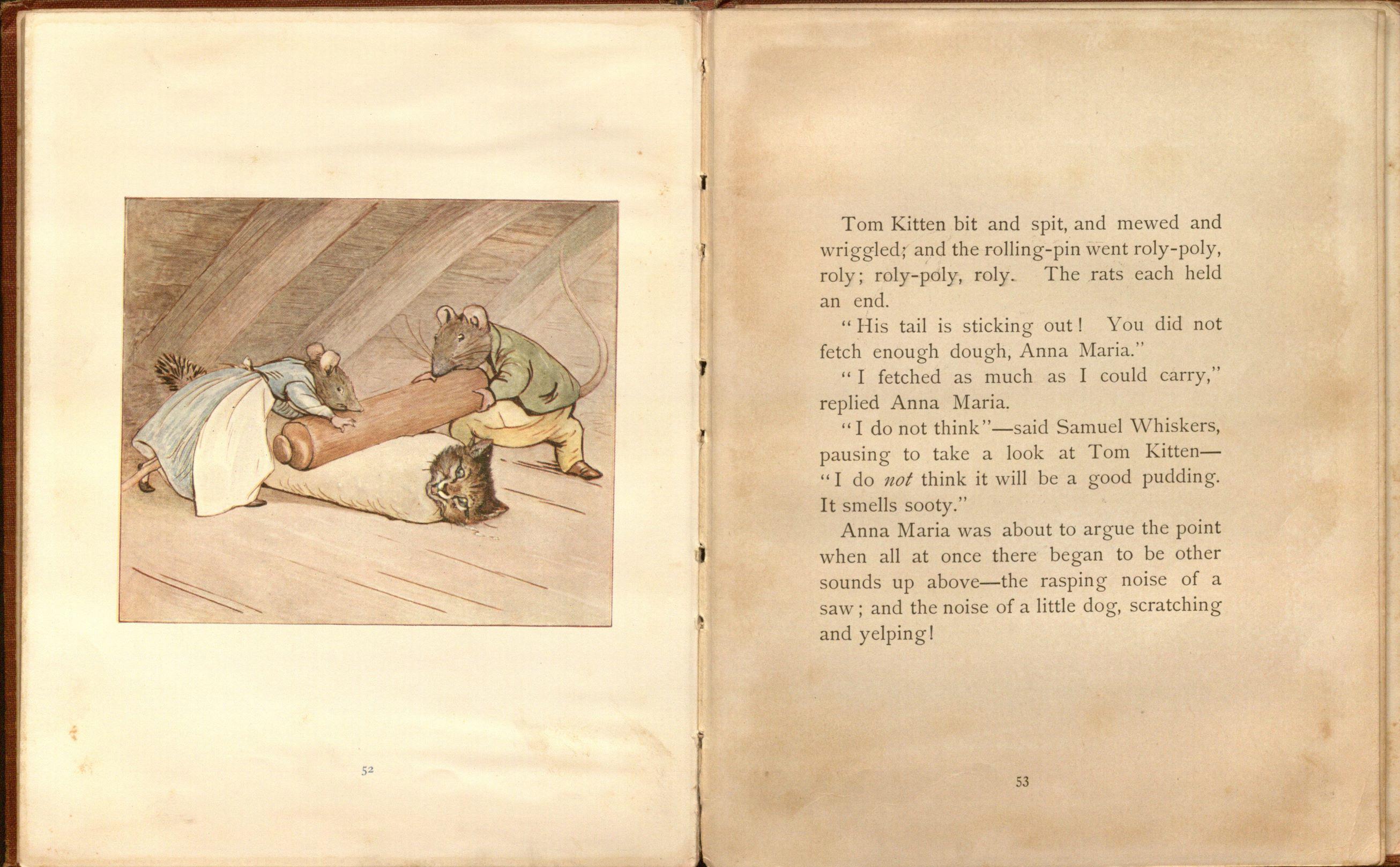 Pages 52 & 53 of Beatrix Potter’s The Roly-Poly Pudding published in New York by Frederick Warne & Co. in 1908. 