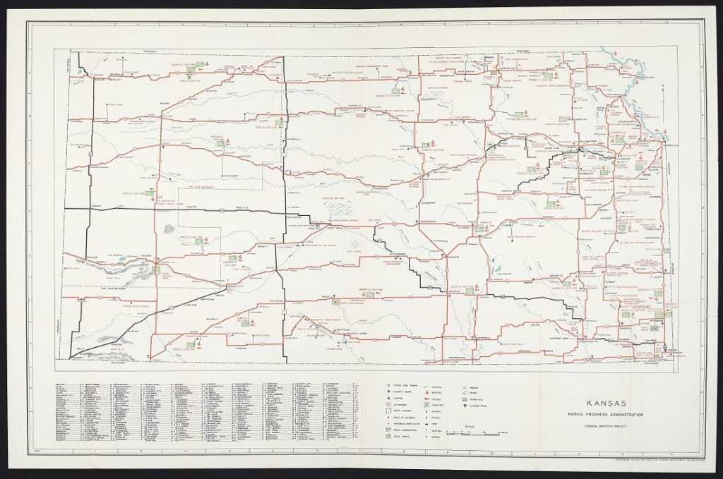 Fold-out map of Kansas from the American Guide Series for Kansas, 1939.