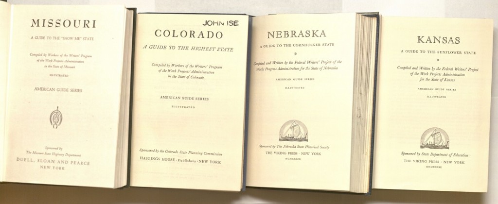 Image of title pages for American Guide Series volumes on Missouri, Colorado, Nebraska, and Kansas