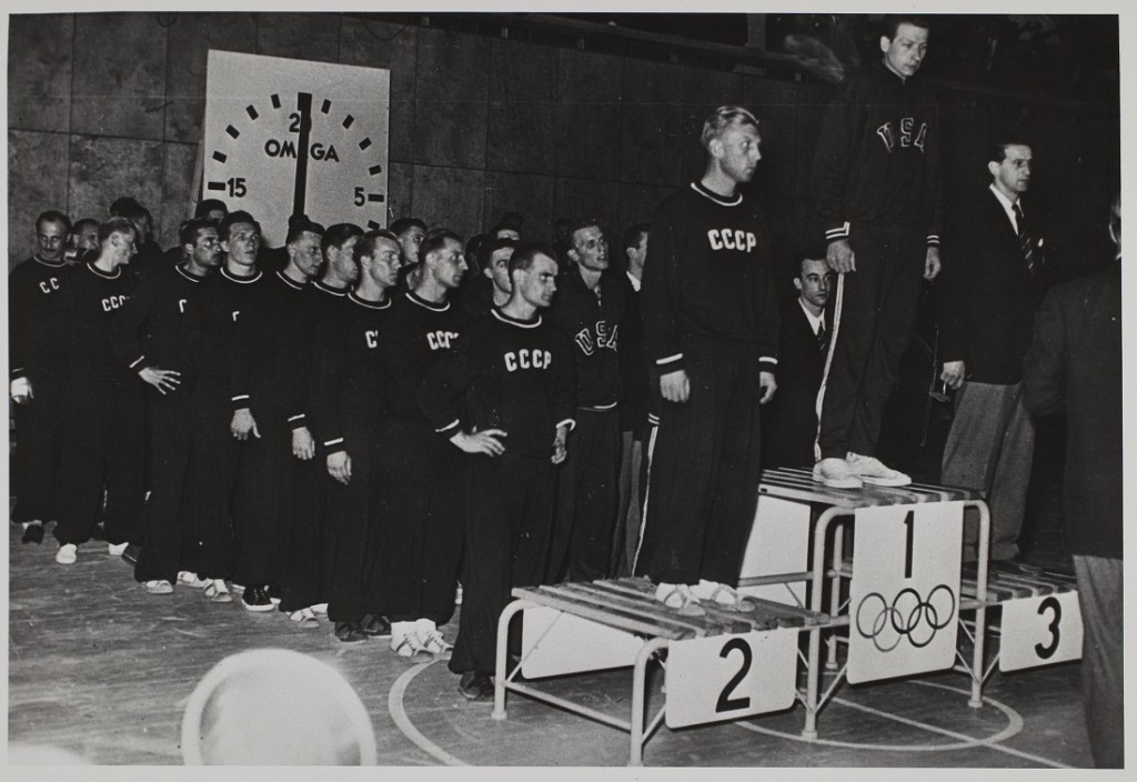 Photograph of the USA Men's Olympic team on podium, 1952