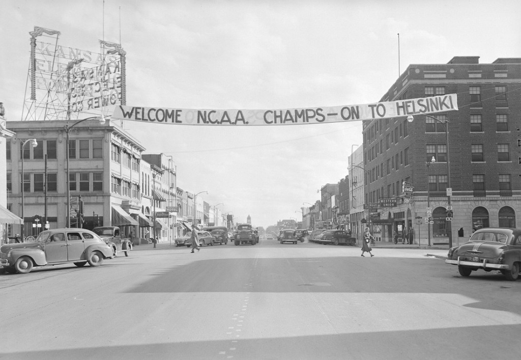Photograph of "Welcome NCAA Champs - On to Helsinki" banner, 1952