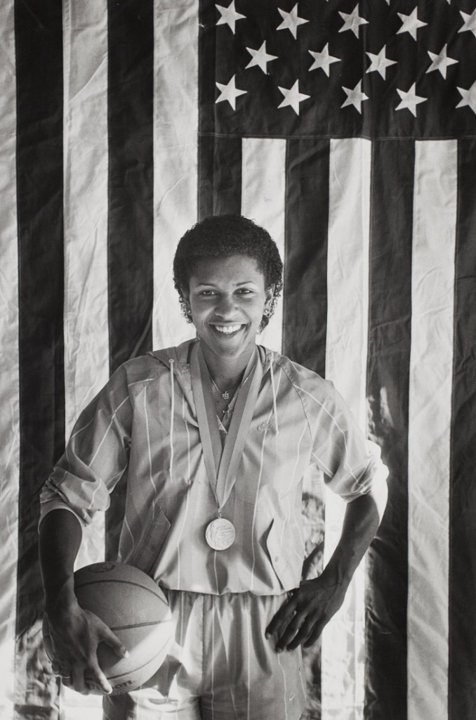 Photograph of Lynette Woodard wearing her Olympic gold medal