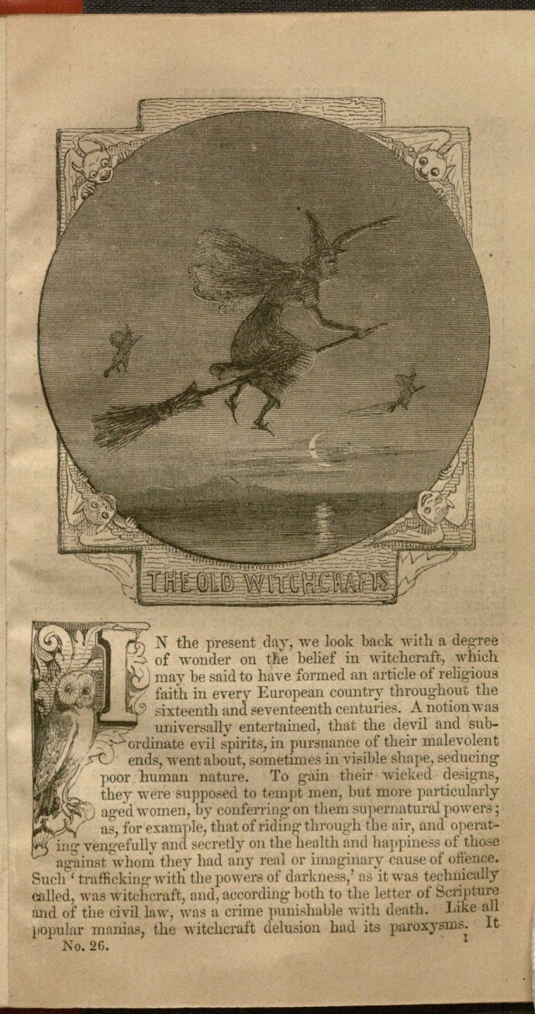 First page of the penny dreadful titled The Old Witchcrafts by Robert and William Chambers probably published in 1854 in London and Edinburgh. Special Collections, B1229.
