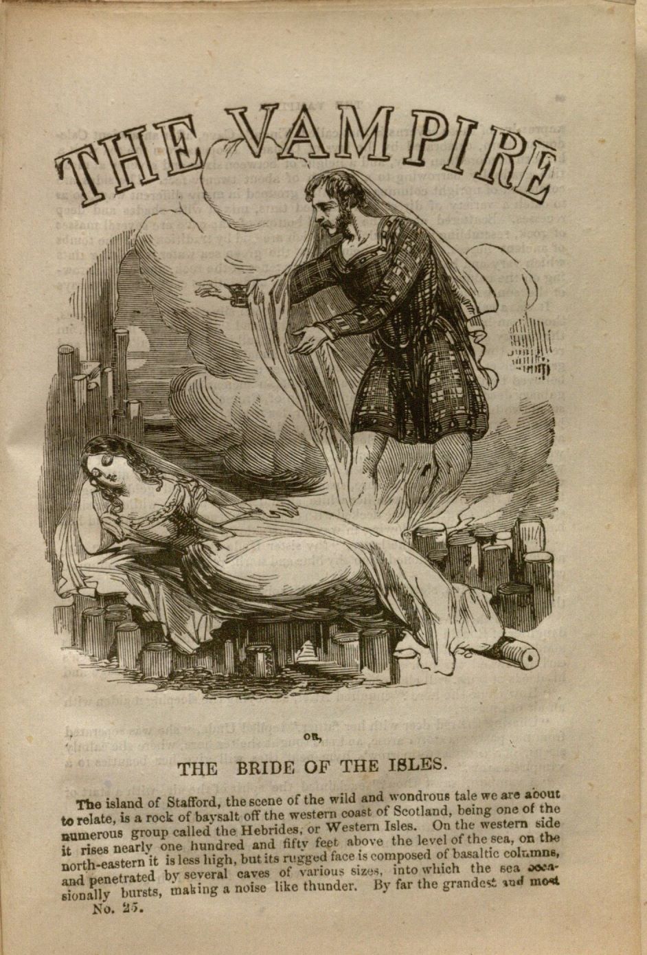 First page of the penny dreadful titled The Vampire, or, the Bride of the Isles. Published by G. Purkess circa 1853. Special Collections, B1239