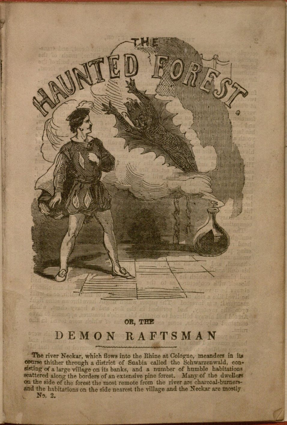 First page of the penny dreadful titled The haunted forest, or, The demon raftsman. Published in London by G. Purkess circa1853. Special Collections, B1251.