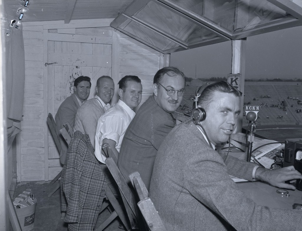 Photograph of KU football radio announcers at Memorial Stadium, 1940s