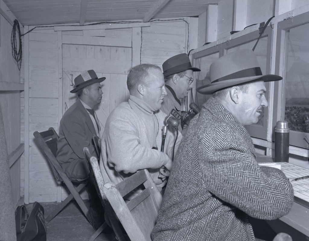 Photograph of KU football radio announcers at Memorial Stadium, 1940s