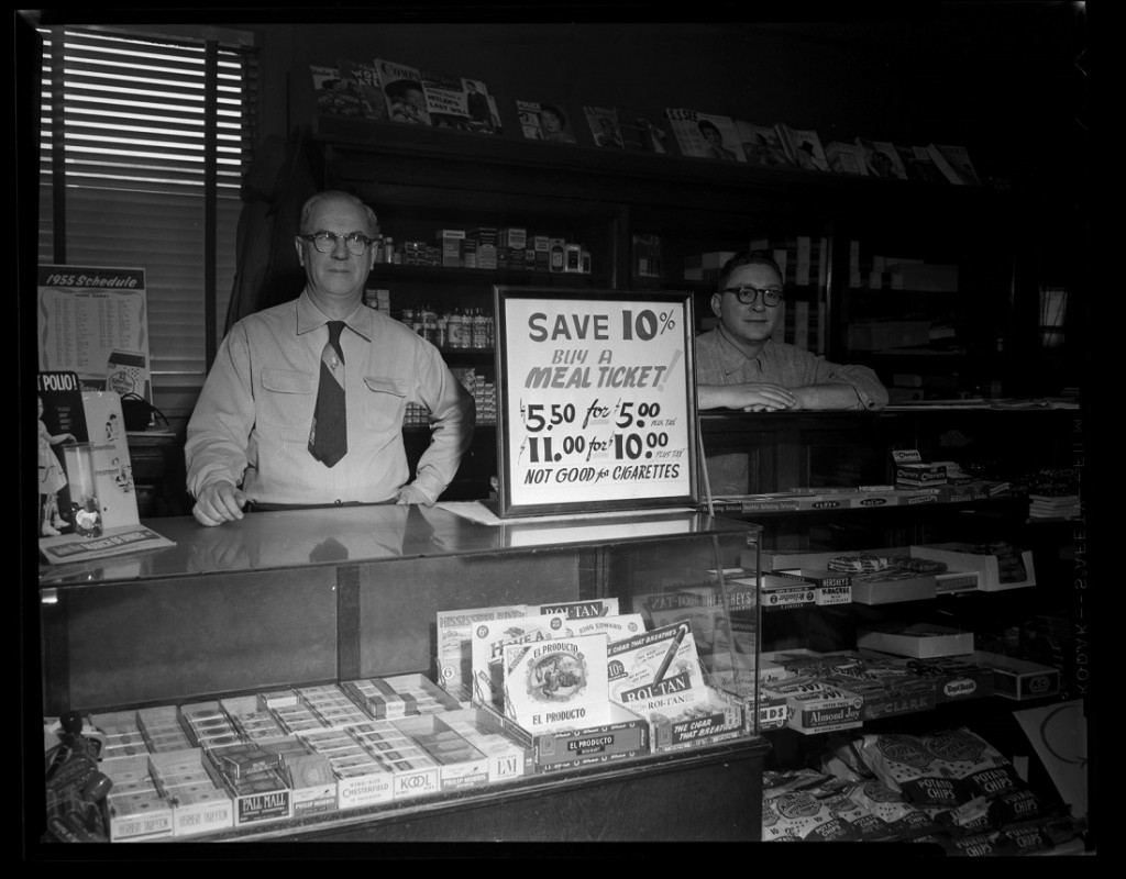 Photograph of the candy and tobacco counter at the Jayhawk Cafe, 1955