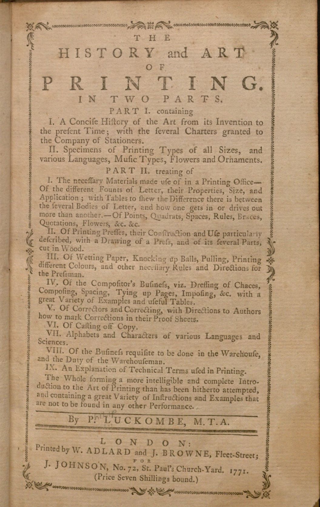 Title page of Luckcombe's The History and Art of Printing (1771)